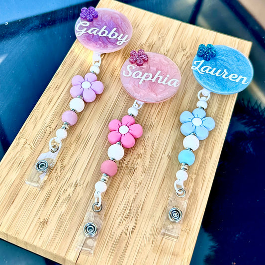 Personalised Flower Retractable Beaded Badge Reel Clip