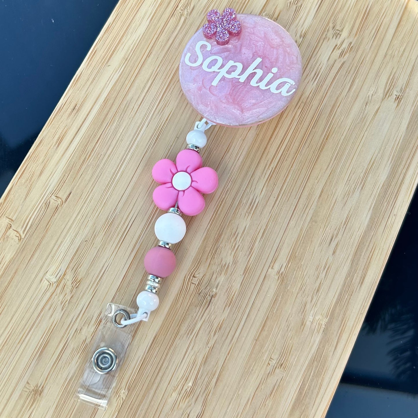 Personalised Flower Retractable Beaded Badge Reel Clip