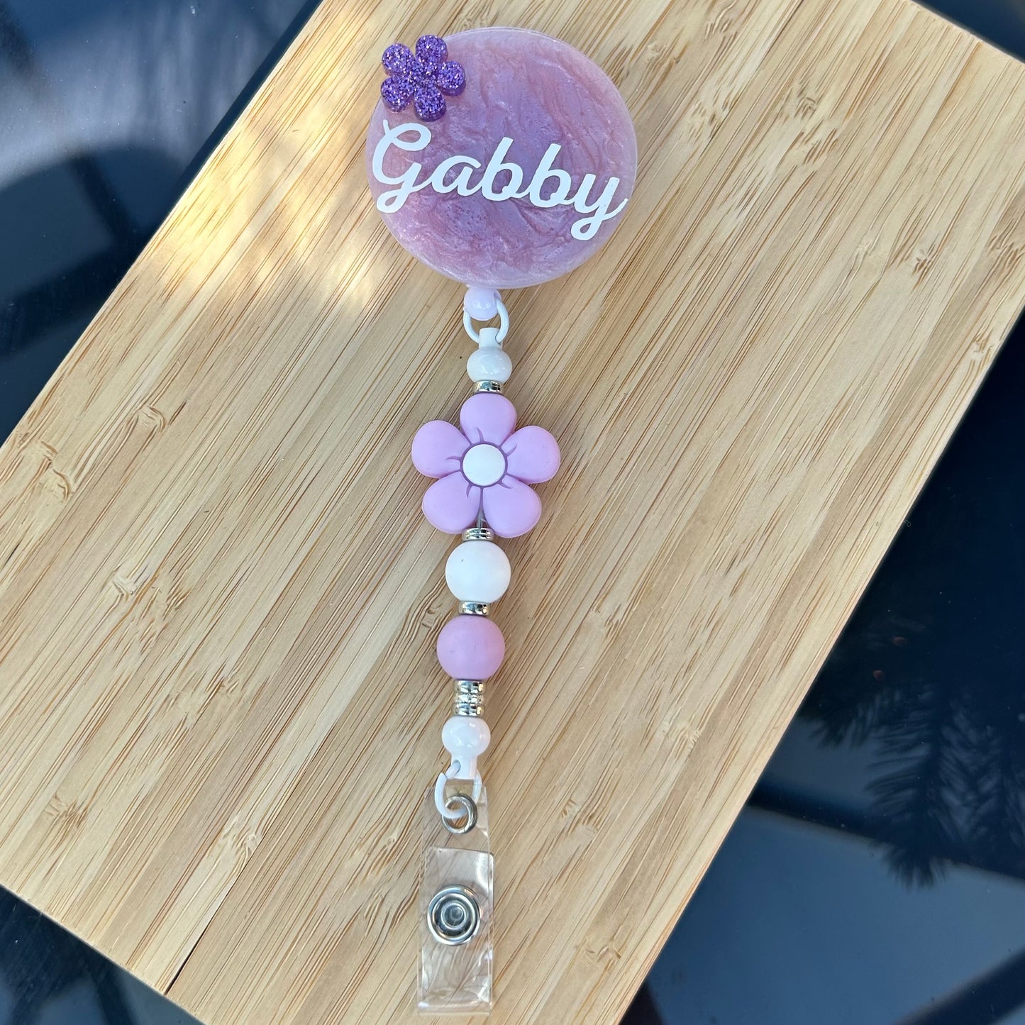 Personalised Flower Retractable Beaded Badge Reel Clip