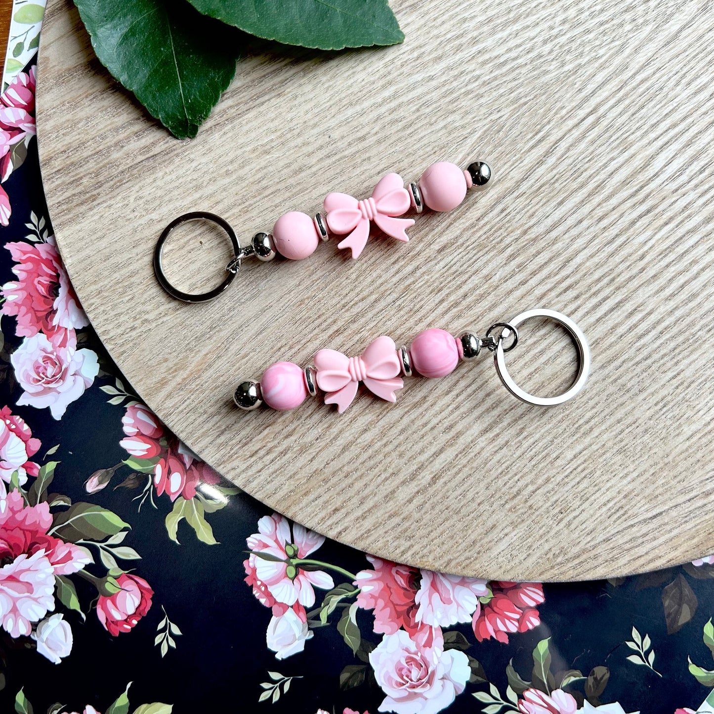 Pink Bow Bead Keyring with Foil Initial