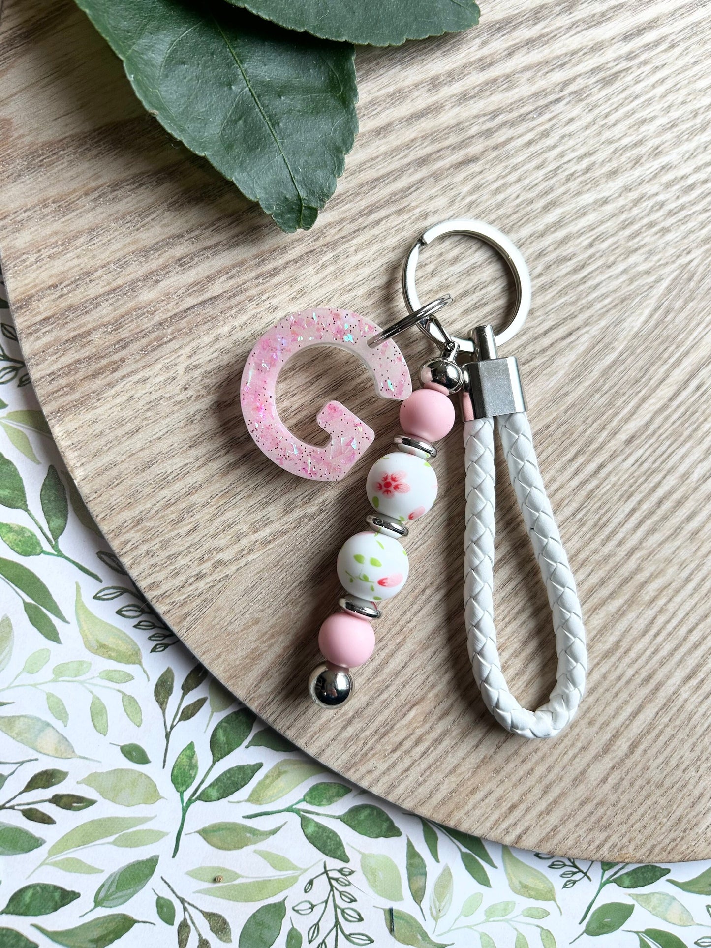 Floral Bead Keyring with Foil Initial