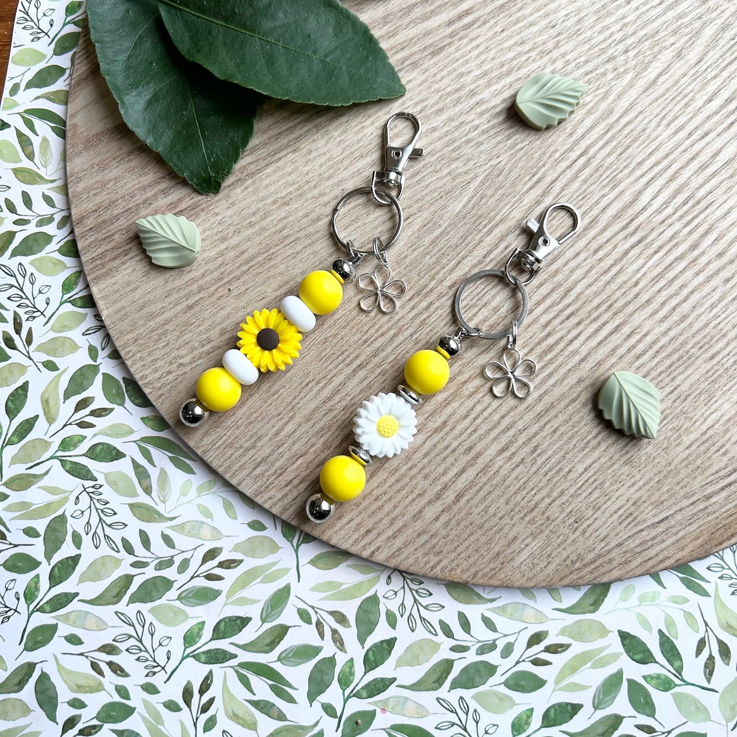 Sunflower Daisy Bead Keyring with Flower Charm