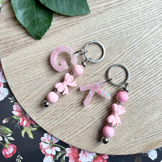 Pink Bow Bead Keyring with Foil Initial