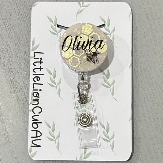 Bee Honeycomb Personalised Retractable ID Card Clip